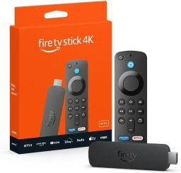 amazon fire 4k tv stick and box against a white background