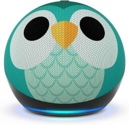 amazon echo dot kids smart speaker with an owl design against a white background