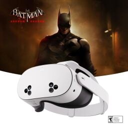 meta quest 3s headset on the bottom against a white background with a banner on top featuring batman for batman: arkham shadow