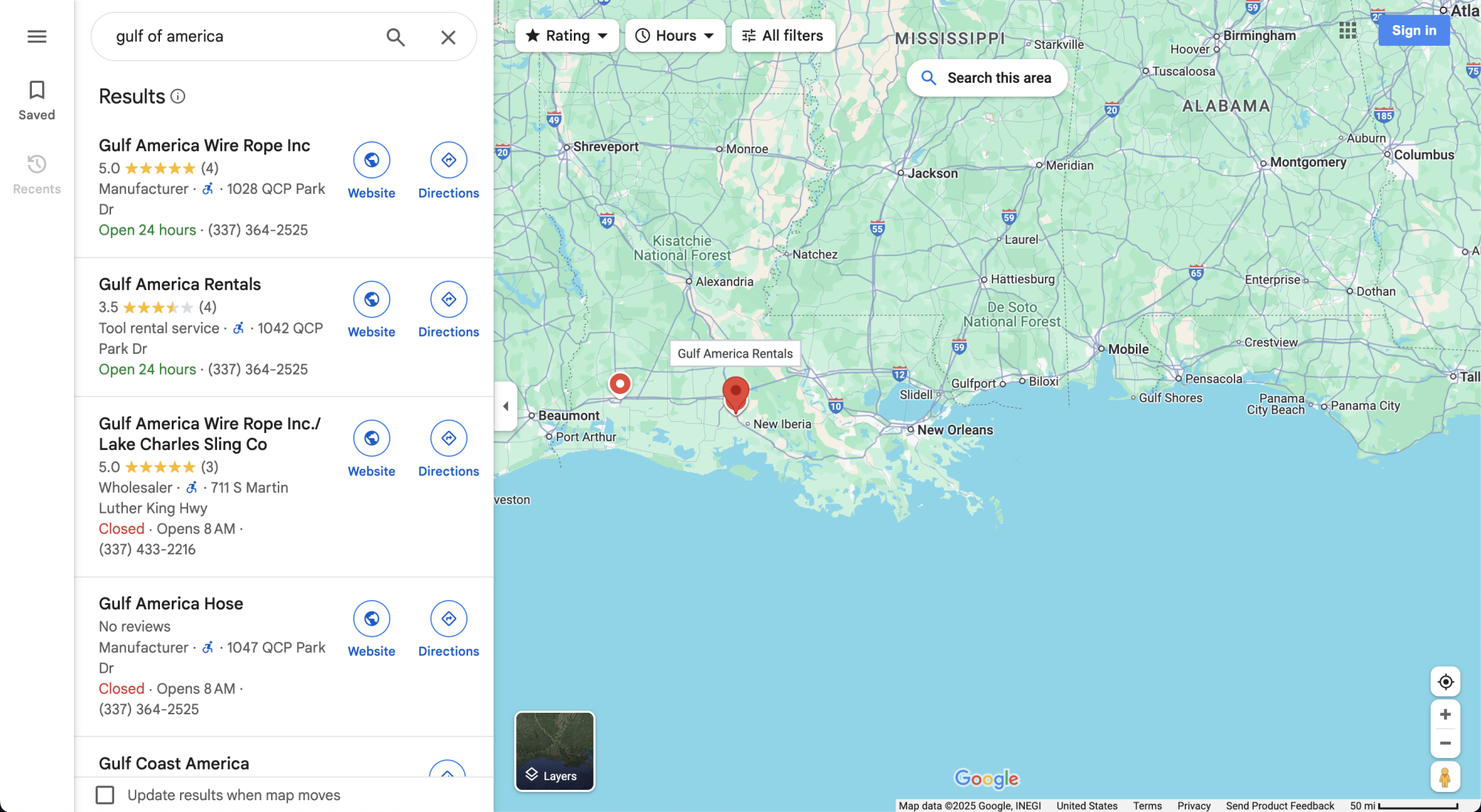 A screenshot of Google Maps showing a search for Gulf of America.