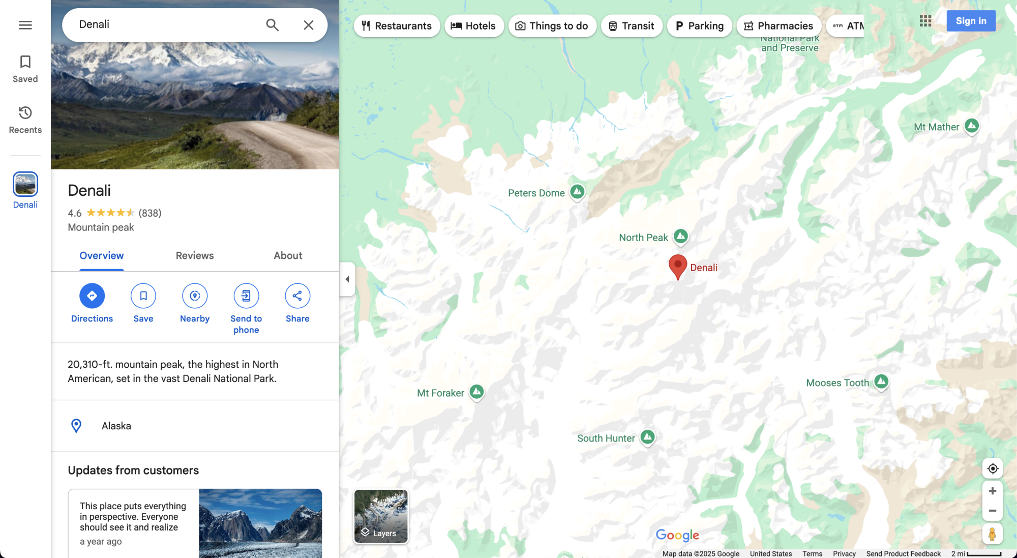 A screenshot of Google Maps showing a search for Mount McKinley.