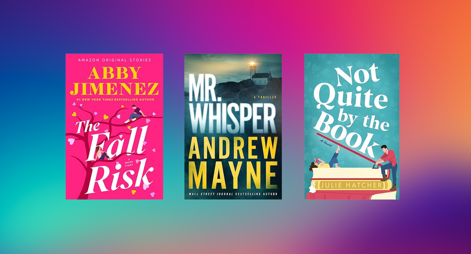 Three book covers are arranged in a horizontal line against a blurred background with blue, orange, yellow, and purple hues.