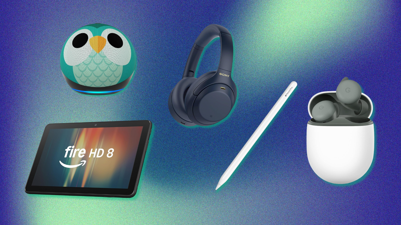 Amazon Fire HD 8 tablet, Echo Dot Kids, Sony WH-1000XM4 headphones, Apple Pencil Pro, and Google Pixel Buds A-Series with blue and green background