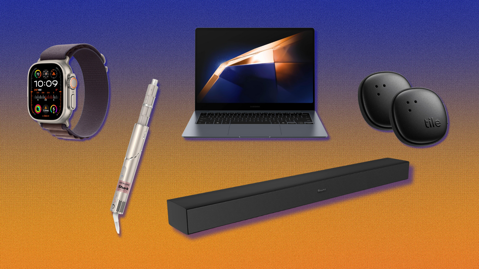 Apple Watch Ultra 2, Shark FlexStyle, Samsung Galaxy Book4 Pro, Roku wireless soundbar, and Tile Sticker with orange and blue background