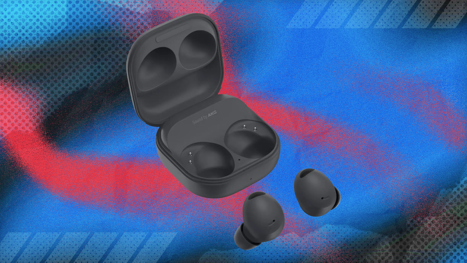 Samsung Galaxy Buds2 Pro on a Presidents' Day themed red, white and blue abstract background