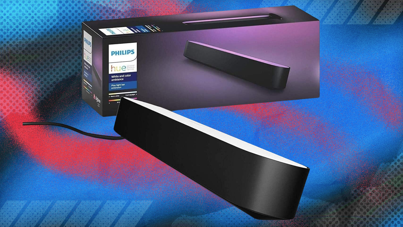 Philips Hue Play Light Bar extension on a Presidents' Day themed red, white and blue abstract background