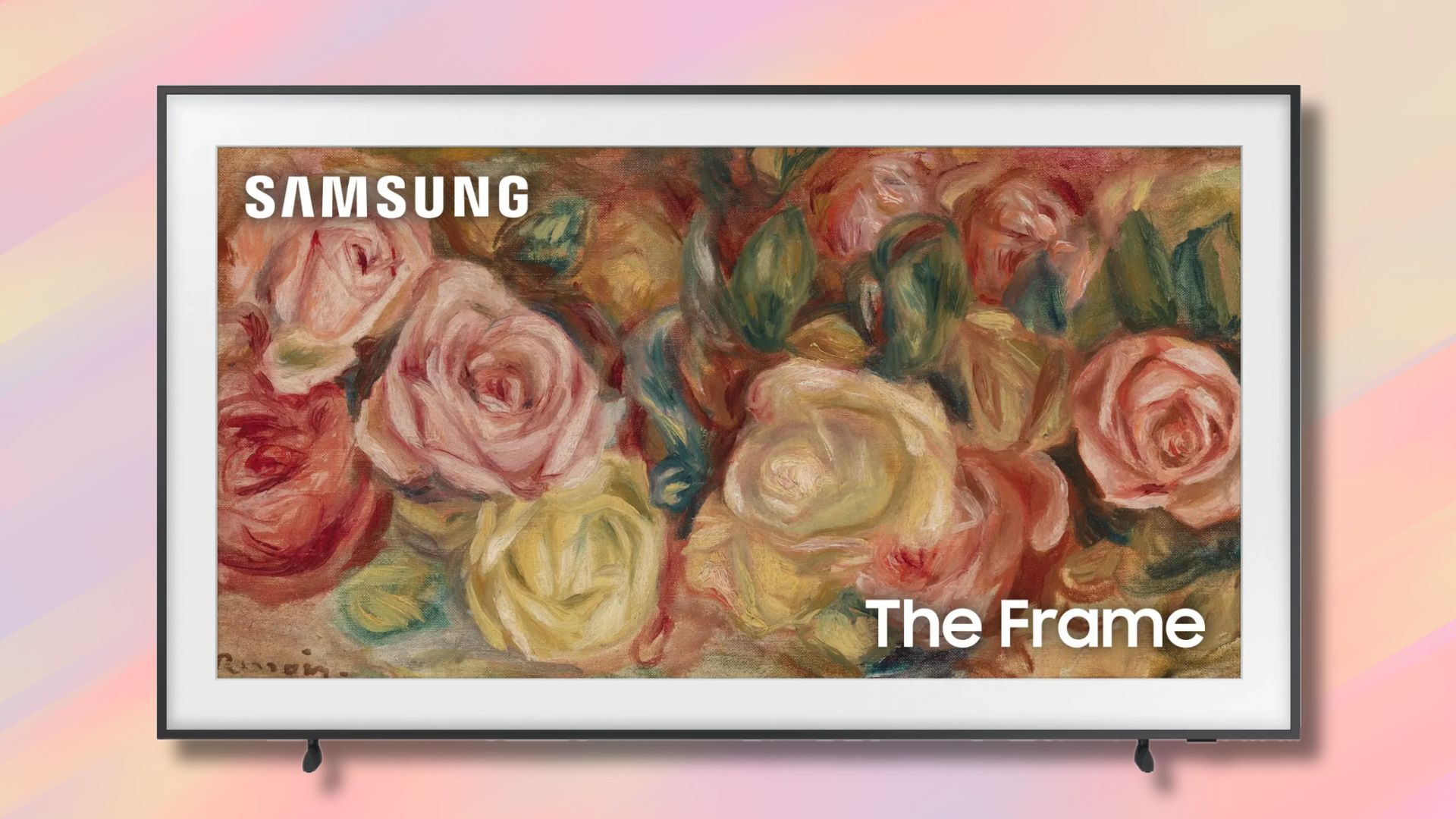 samsung the frame tv on a light pink, yellow, and purple striped background