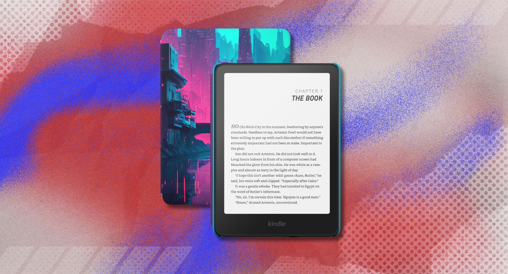 Amazon Kindle Paperwhite Kids e-reader displayed against a dynamic background with blue, red, and grey tones. 
