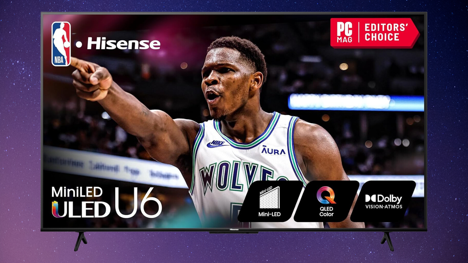 Hisense 75U6N on a purple gradient background