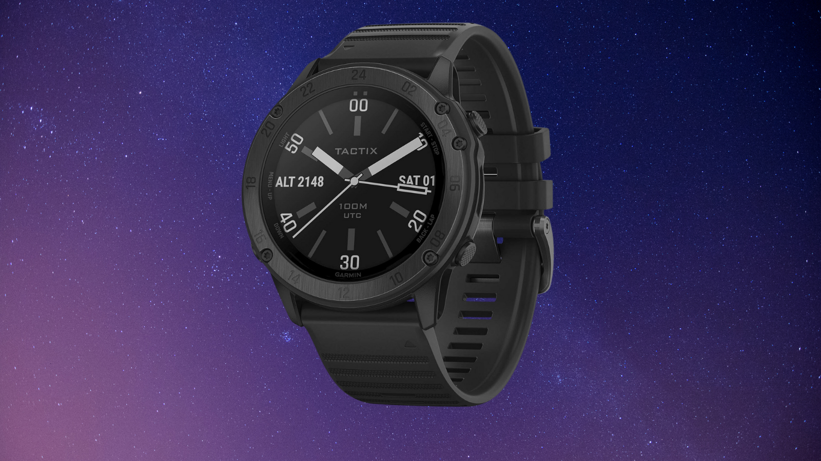 Garmin tactix Delta Solar on a purple gradient background