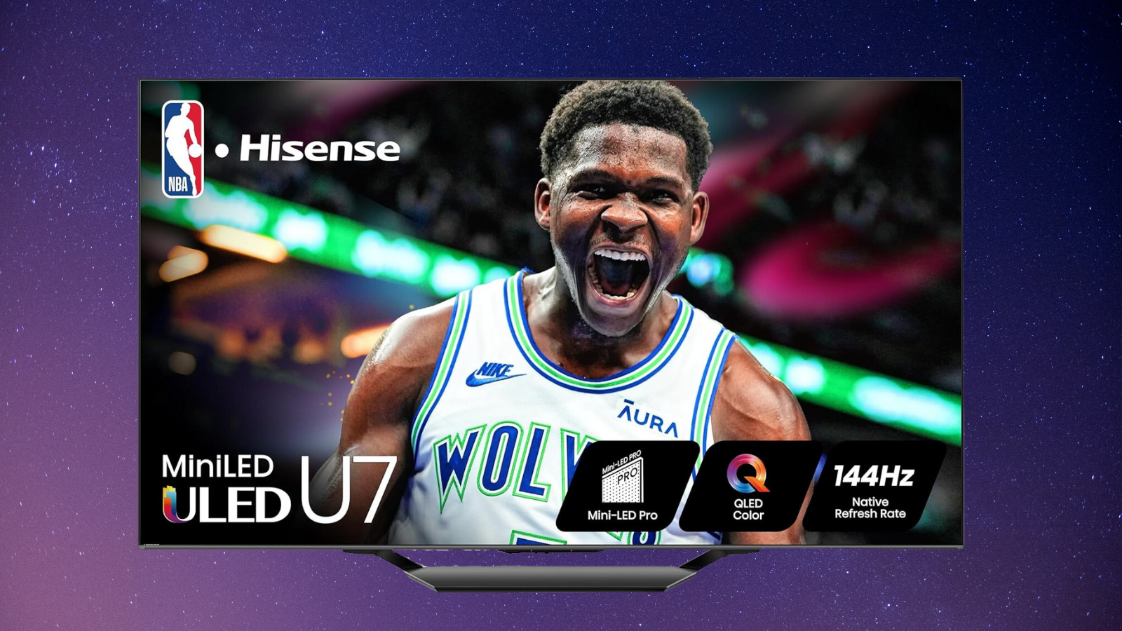 Hisense 85U7N on a purple gradient background