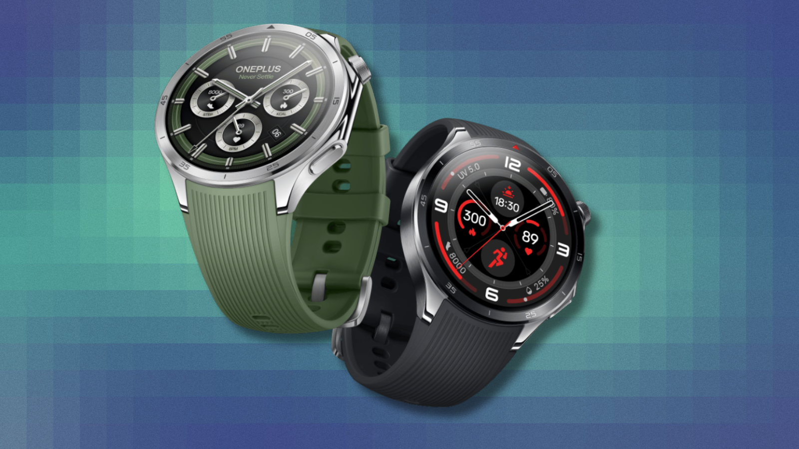 OnePlus Watch 3 on teal and blue abstract background