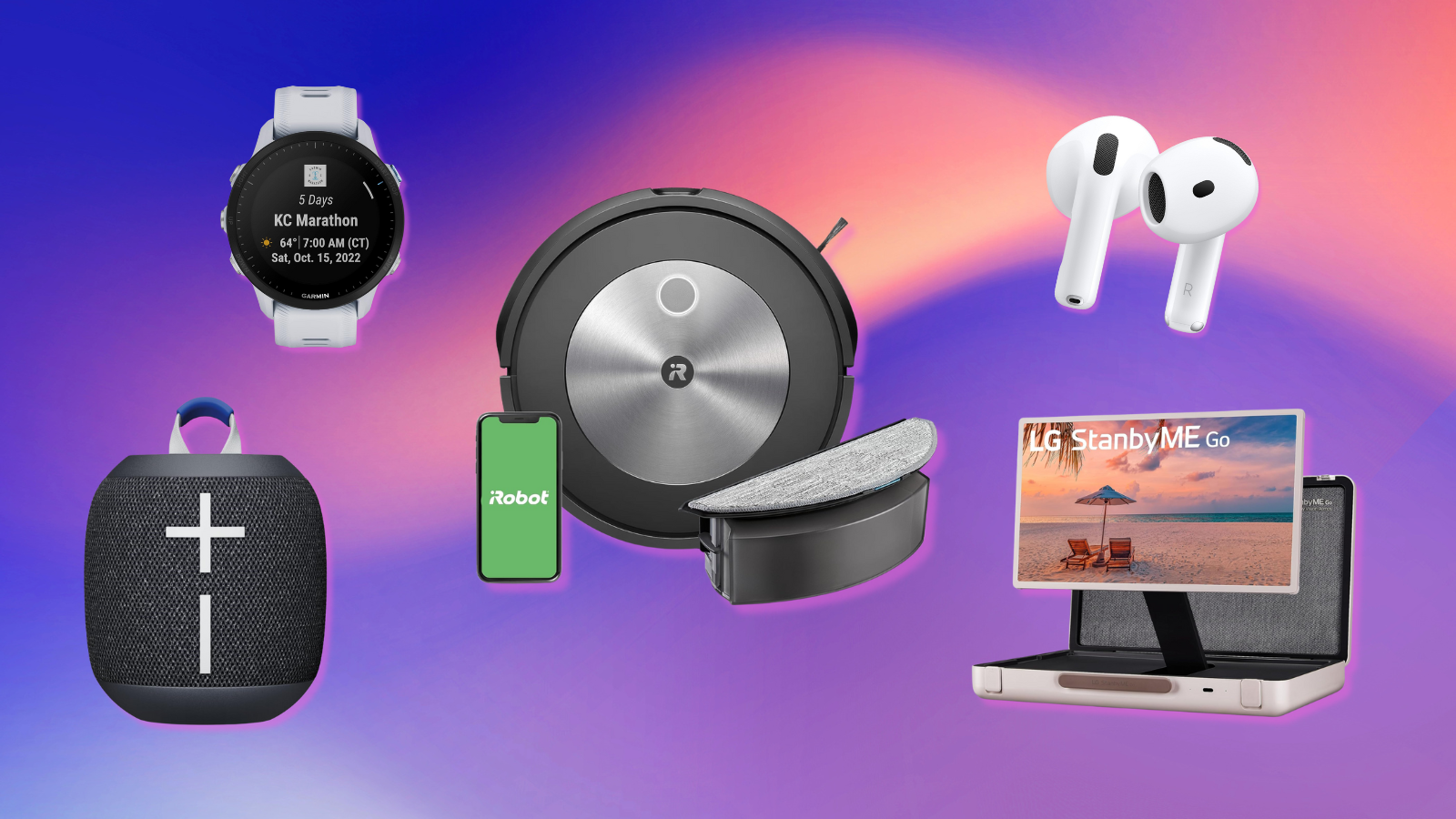 Garmin Forerunner 955, Ultimate Ears Wonderboom 4, Roomba Combo j5, Apple AirPods 4, LG StandByMe Go with purple and pink background