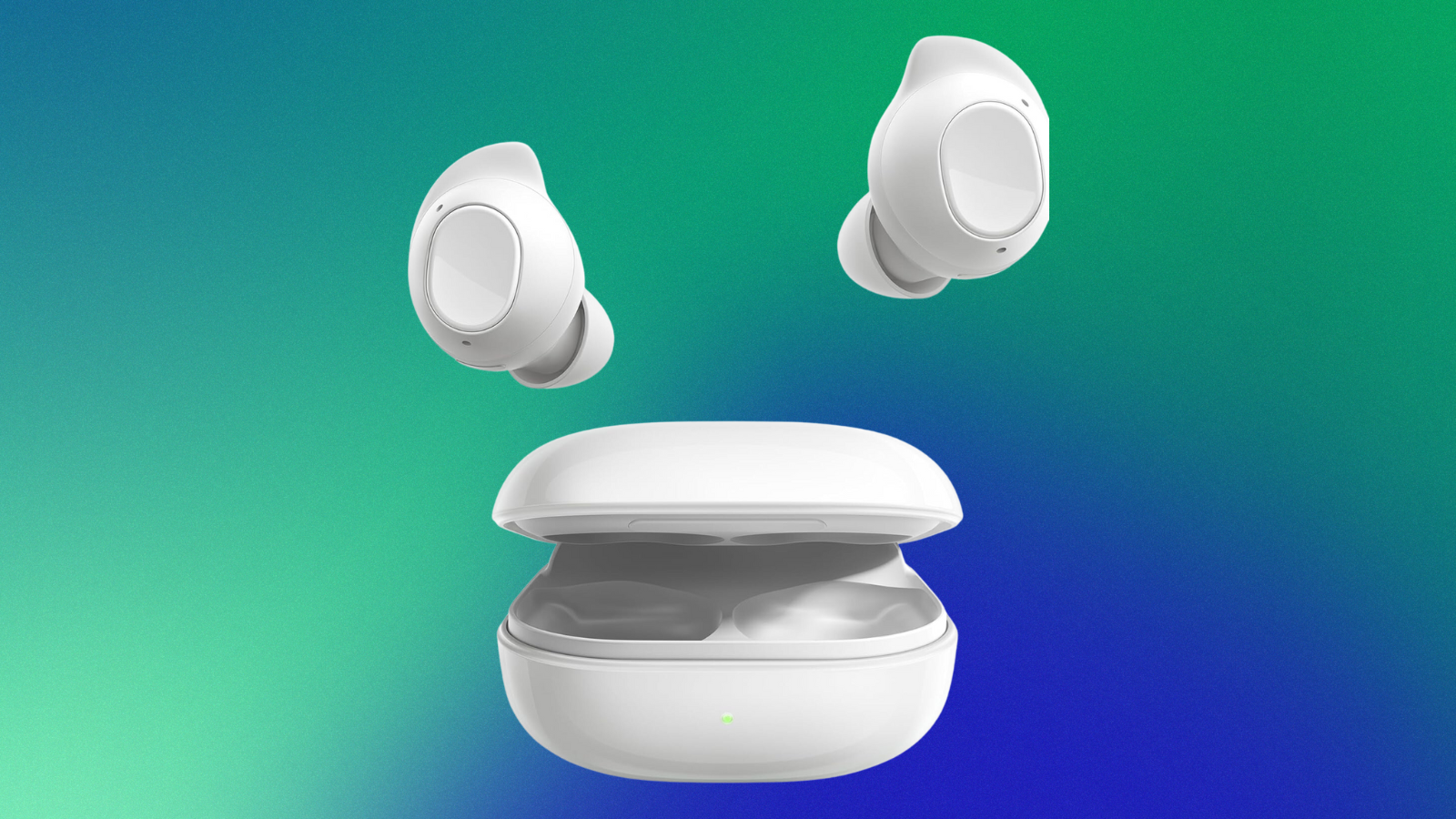 Samsung Galaxy Buds FE on a blue to green gradient background