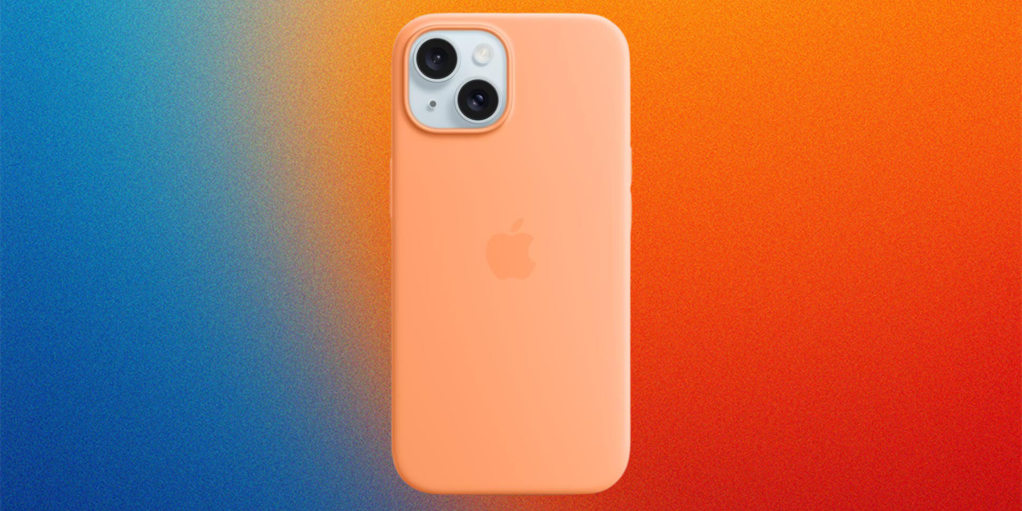 Apple iPhone 15 Silicone Case on a blue to orange gradient background