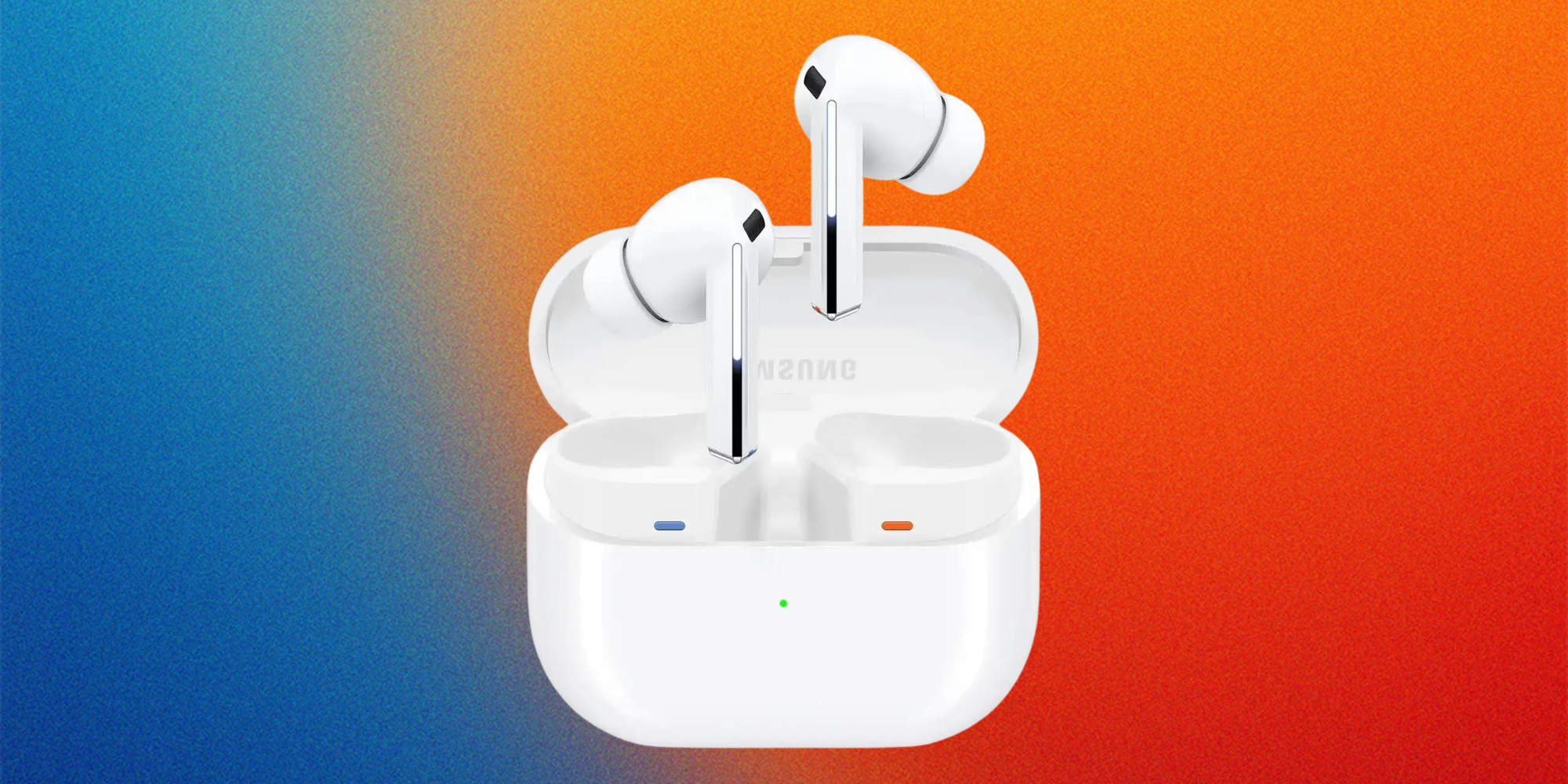 Samsung Galaxy Buds 3 Pro on a blue and orange gradient background