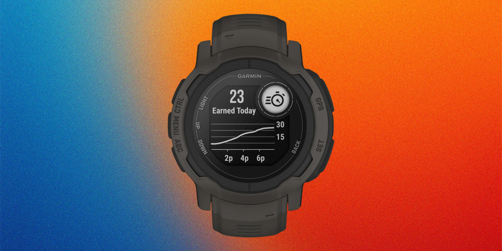 Garmin Instinct 2 on a blue to orange gradient background