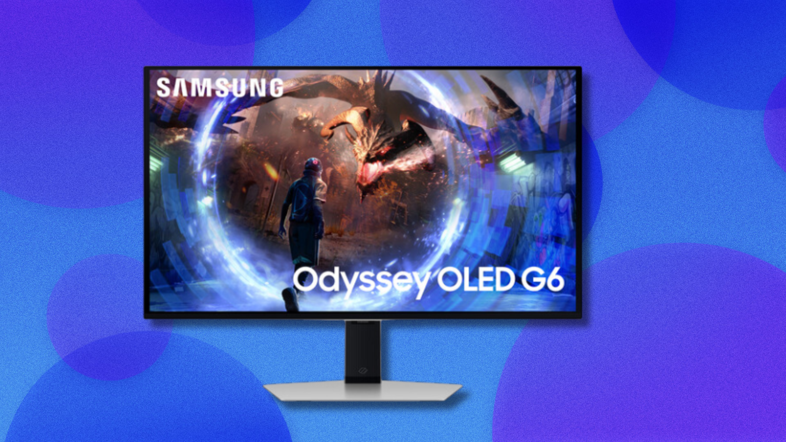 Samsung Odyssey OLED gaming monitor on blue and purple abstract background