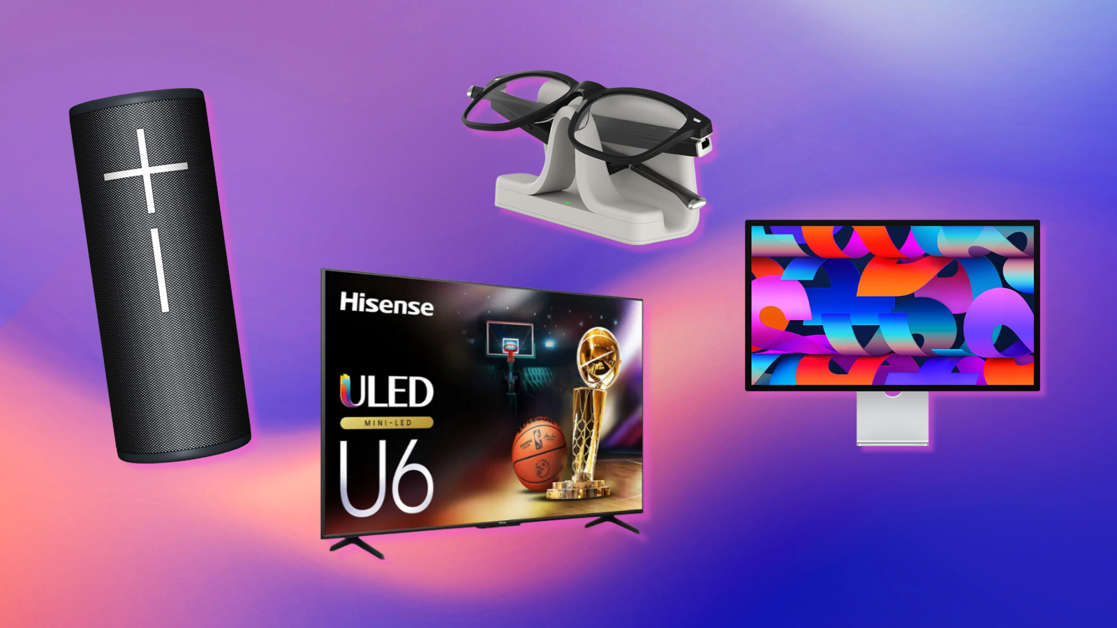 Ultimate Ears Megaboom 4, Hisense U6N ULED TV, Amazon Echo Frames, and Apple Studio Display with purple and pink background