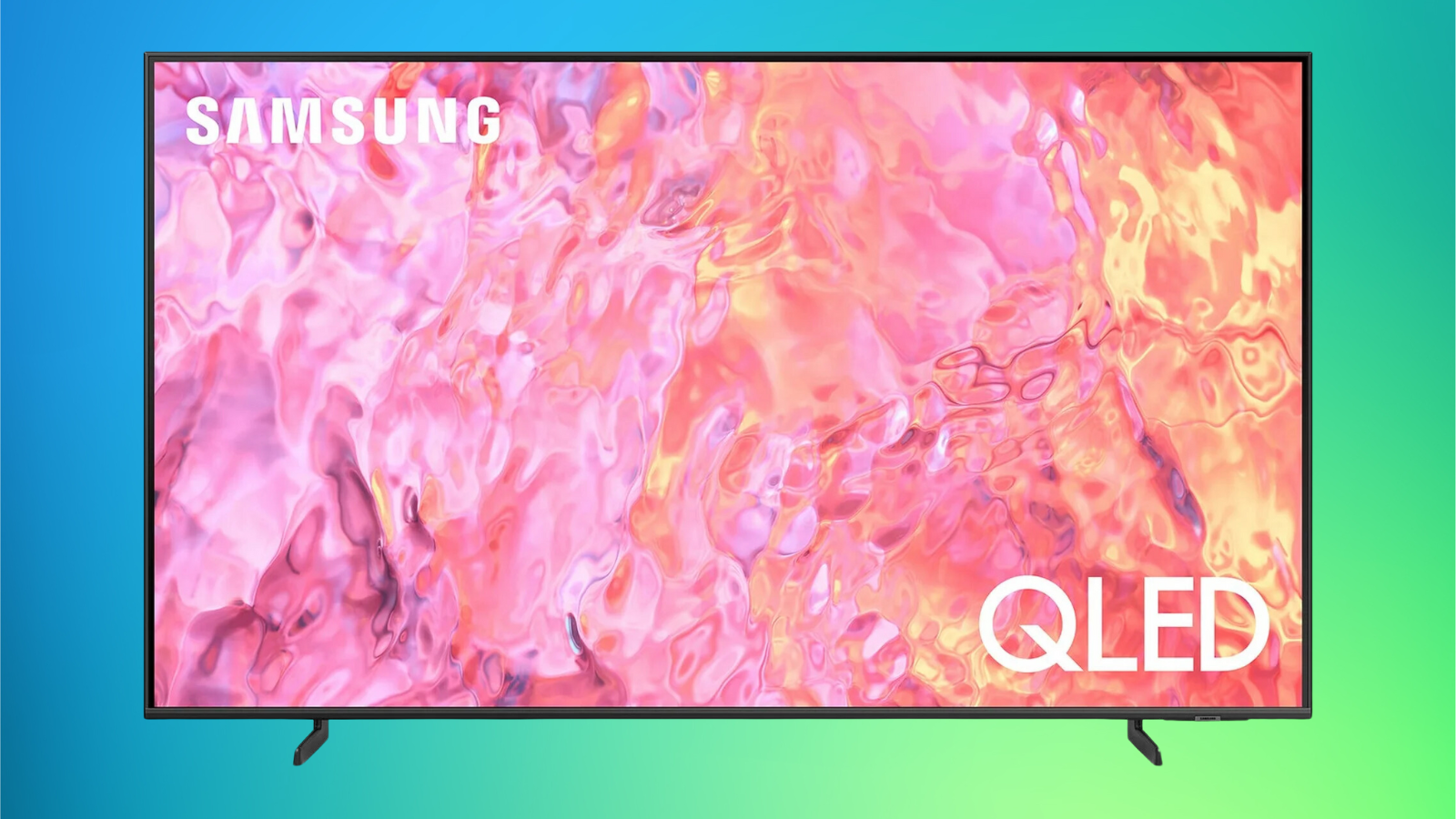 Samsung 75-inch Q60CB on a blue to green gradient background