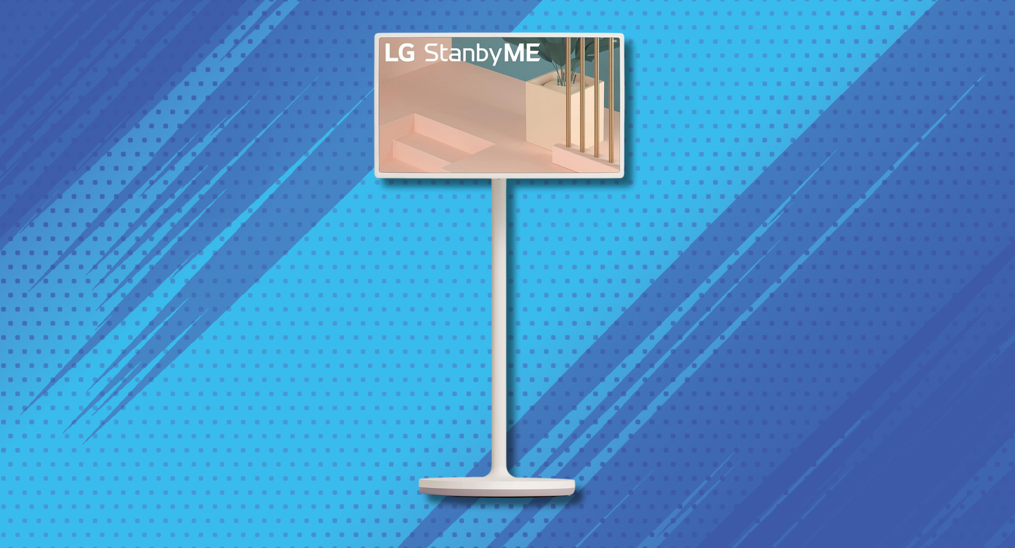 LG portable touchscreen monitor against a blue background 