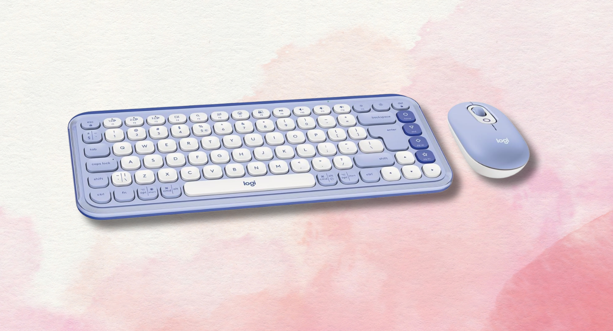 Lilac keyboard and mouse against a pink background. 