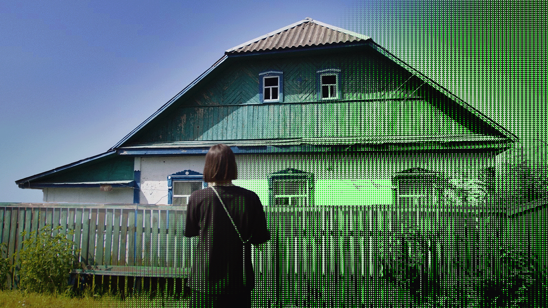 a woman standing in front of a composite of a digitized house