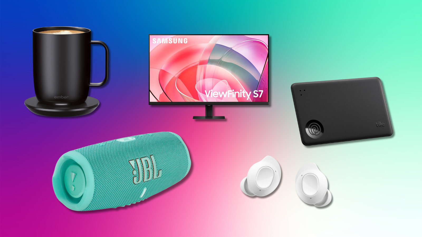 Ember Mug 2, JBL Charge 5, Samsung monitor, Galaxy Buds FE, and Tile Slim with colorful gradient background