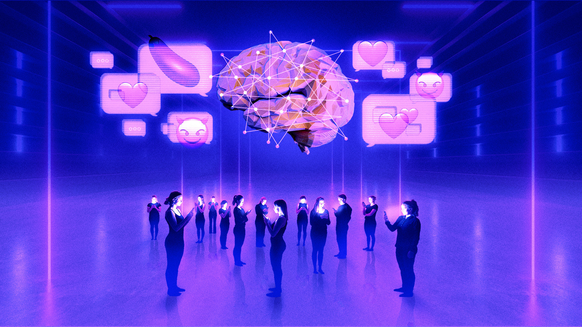 A futuristic digital illustration of people absorbed in their smartphones, with a glowing brain floating above, connected to emoji-filled speech bubbles, symbolizing AI influence on social interactions.