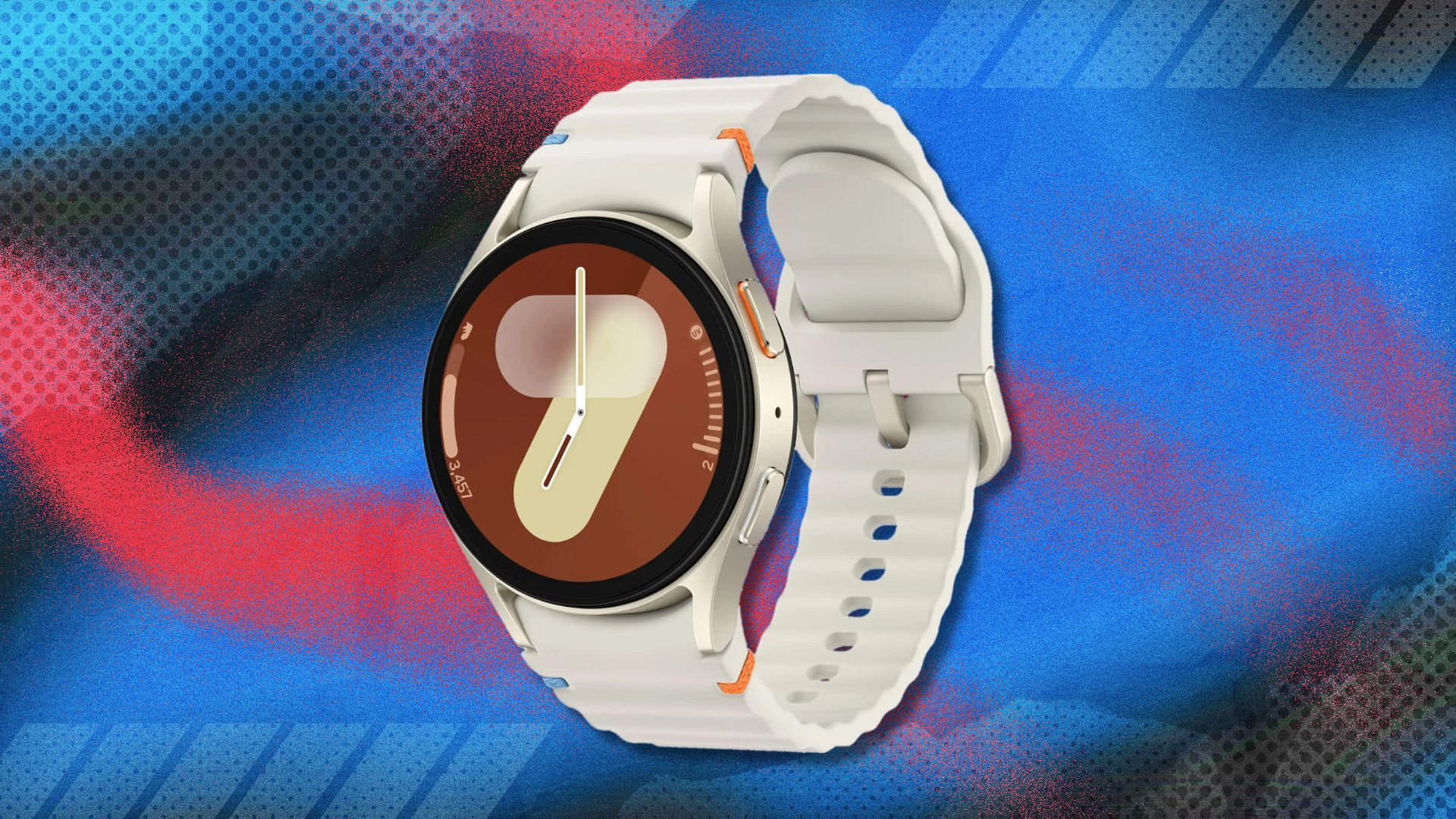 cream colored samsung galaxy watch 7 against a blue, black, and red patterned background