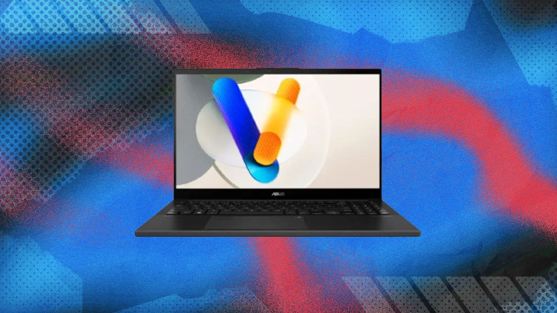 An Asus laptop appears on a red and blue and white abstract background.