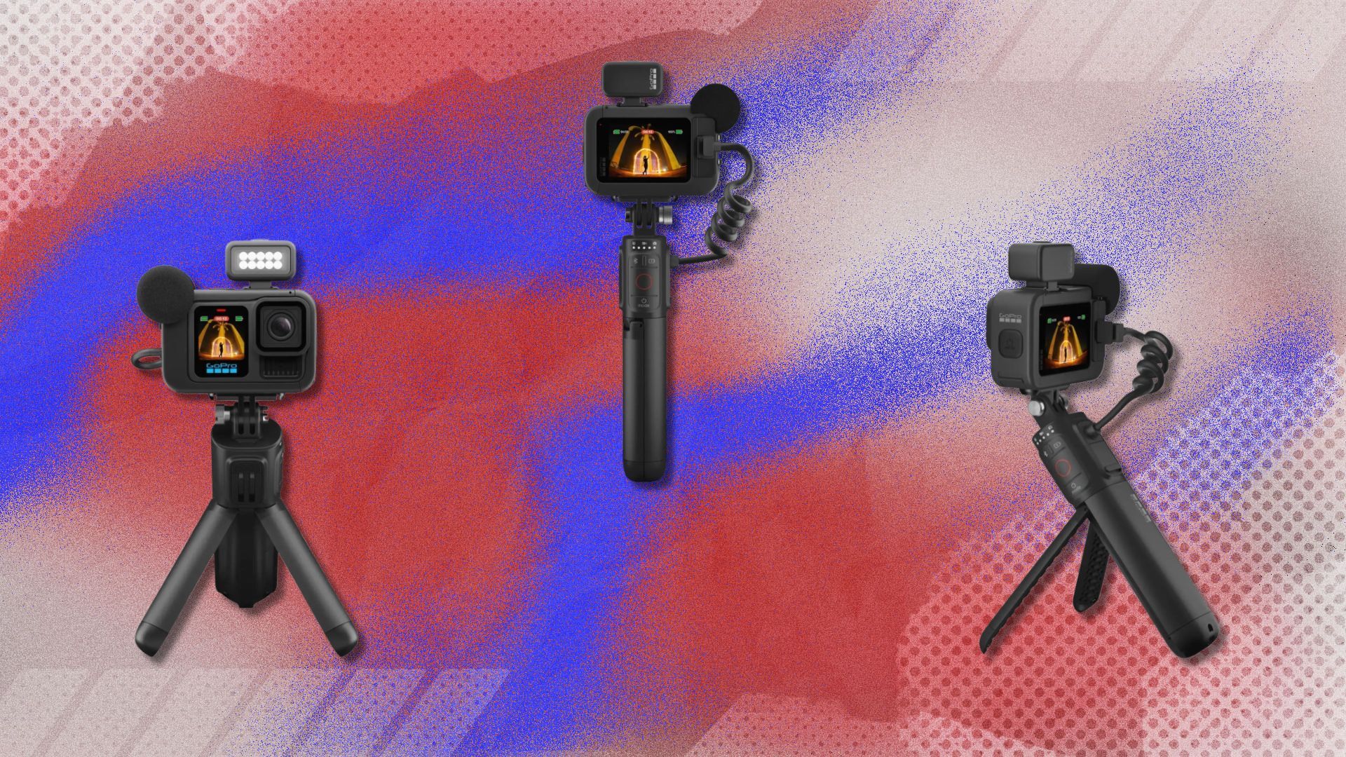 the gopro hero 13 creator edition action camera on a blue, white, and red background