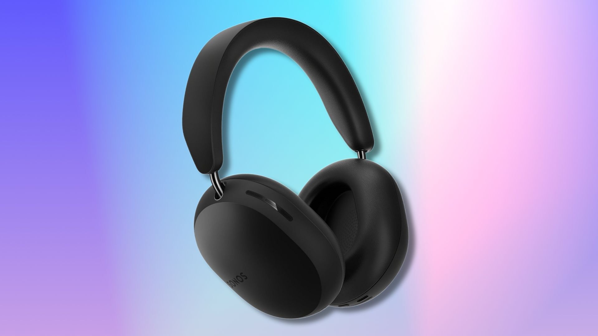 black sonos ace headphones on a light blue and purple gradient background