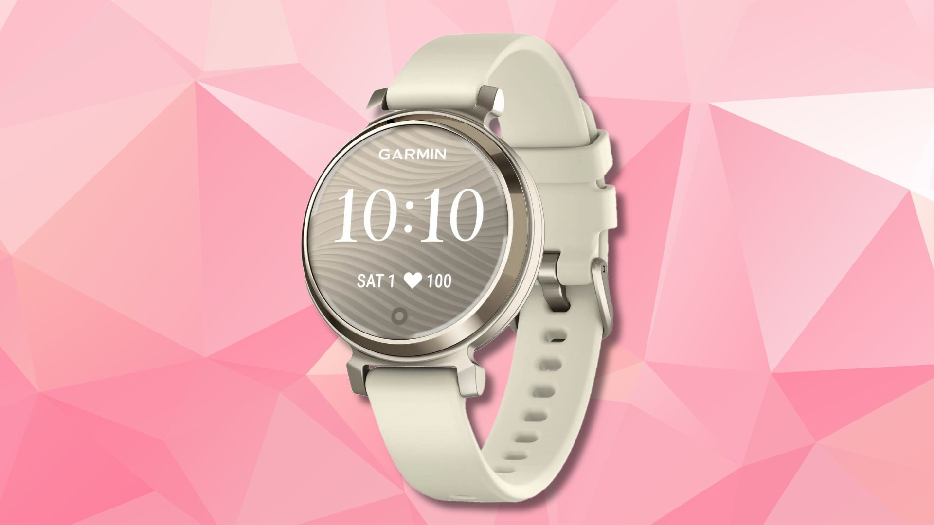 cream colored garmin lily 2 smartwatch against a pink geometric background