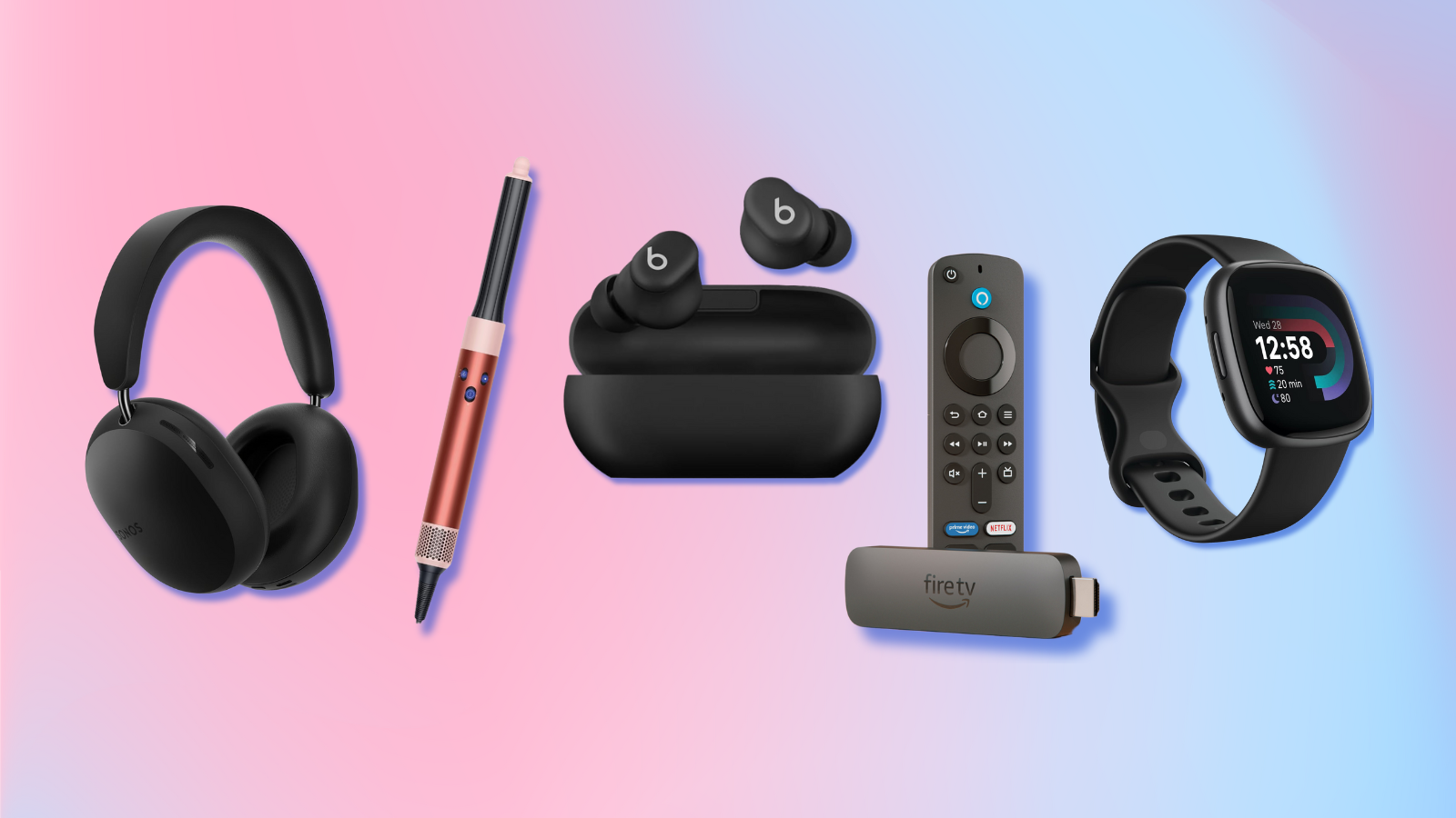 Sonos Ace, Dyson Airwrap, Beats Solo Buds, Amazon Fire TV Stick, Fitbit Versa 4 with pink and blue background
