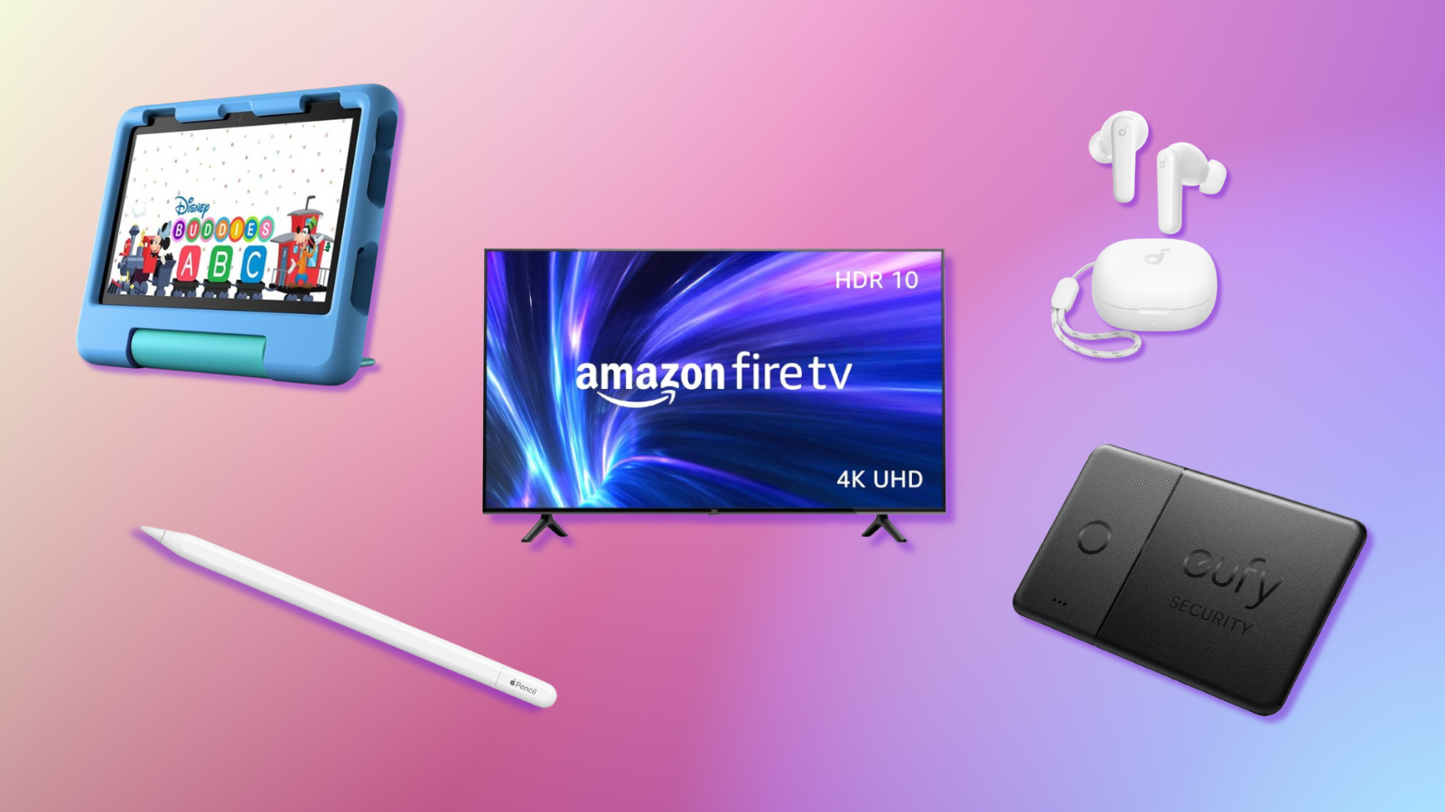 Fire Hd 8 Kids, Apple Pencil, Amazon Fire TV, Soundcore P20i earbuds, and Eufy SmartTrack Card with pink gradient background