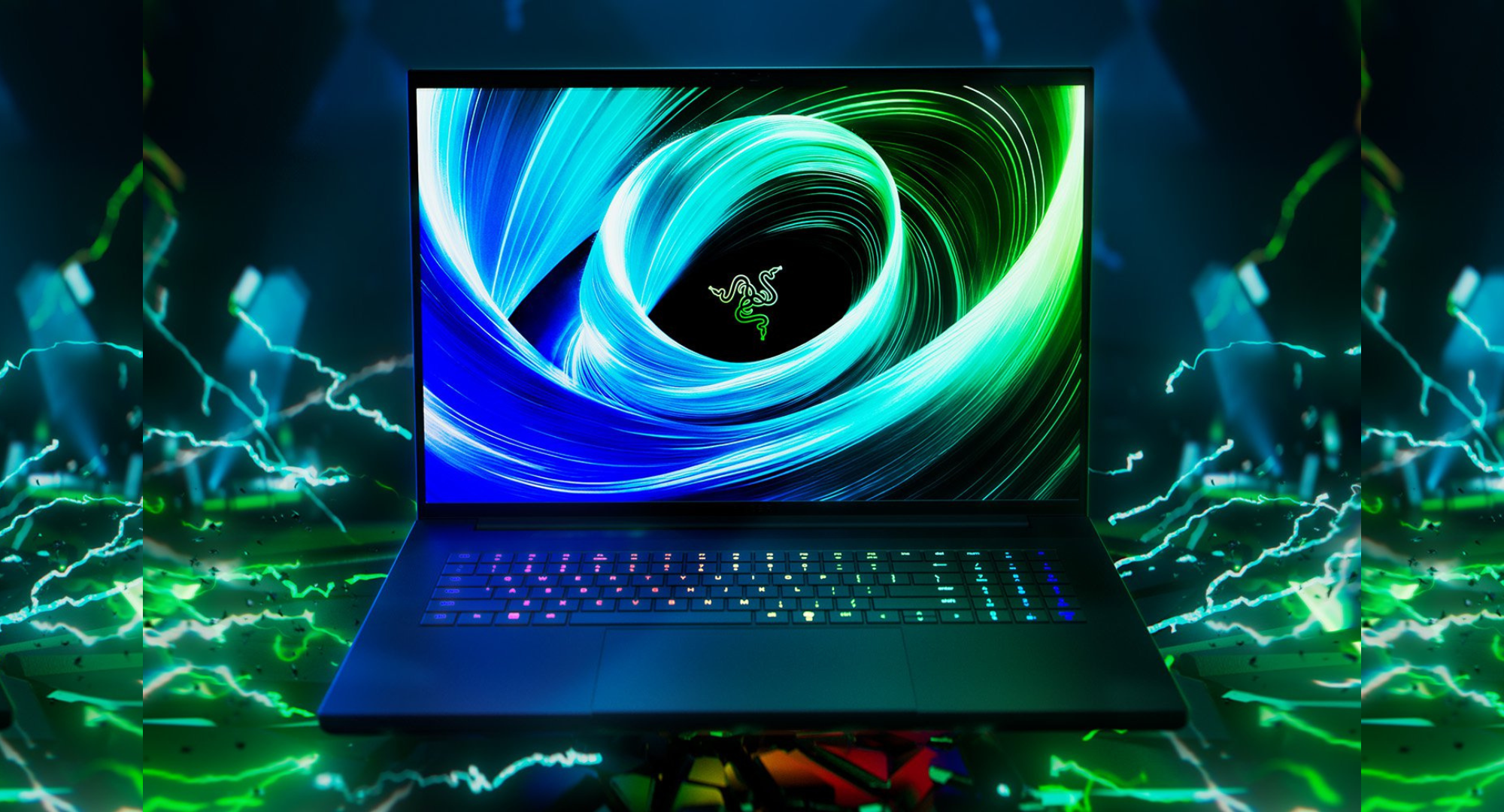 A Razer Blade 18 laptop is displayed in the center, angled slightly, showcasing its screen with a vibrant, swirling abstract design in shades of blue, green, and white. 