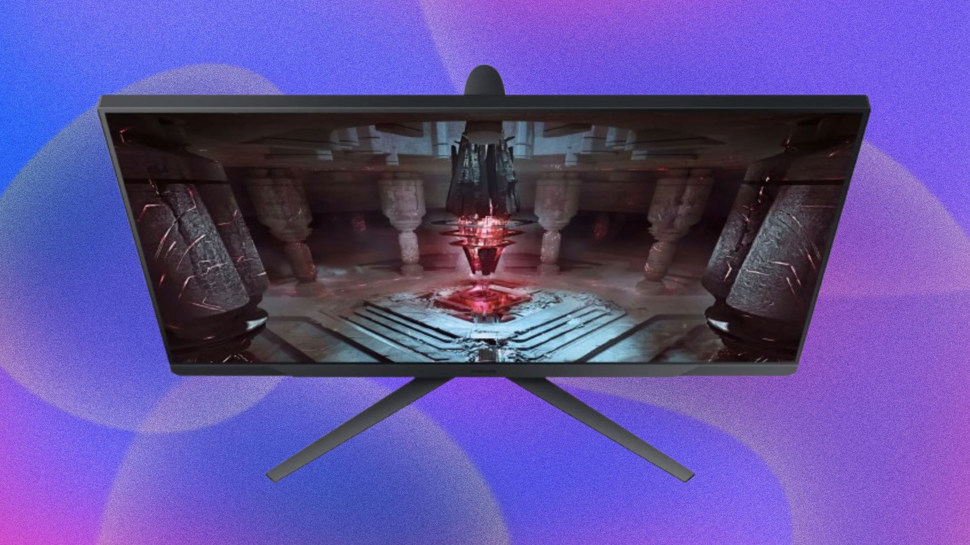 A Samsung gaming monitor appears on a purple bubbly abstract background with a dramatic scene on its screen.