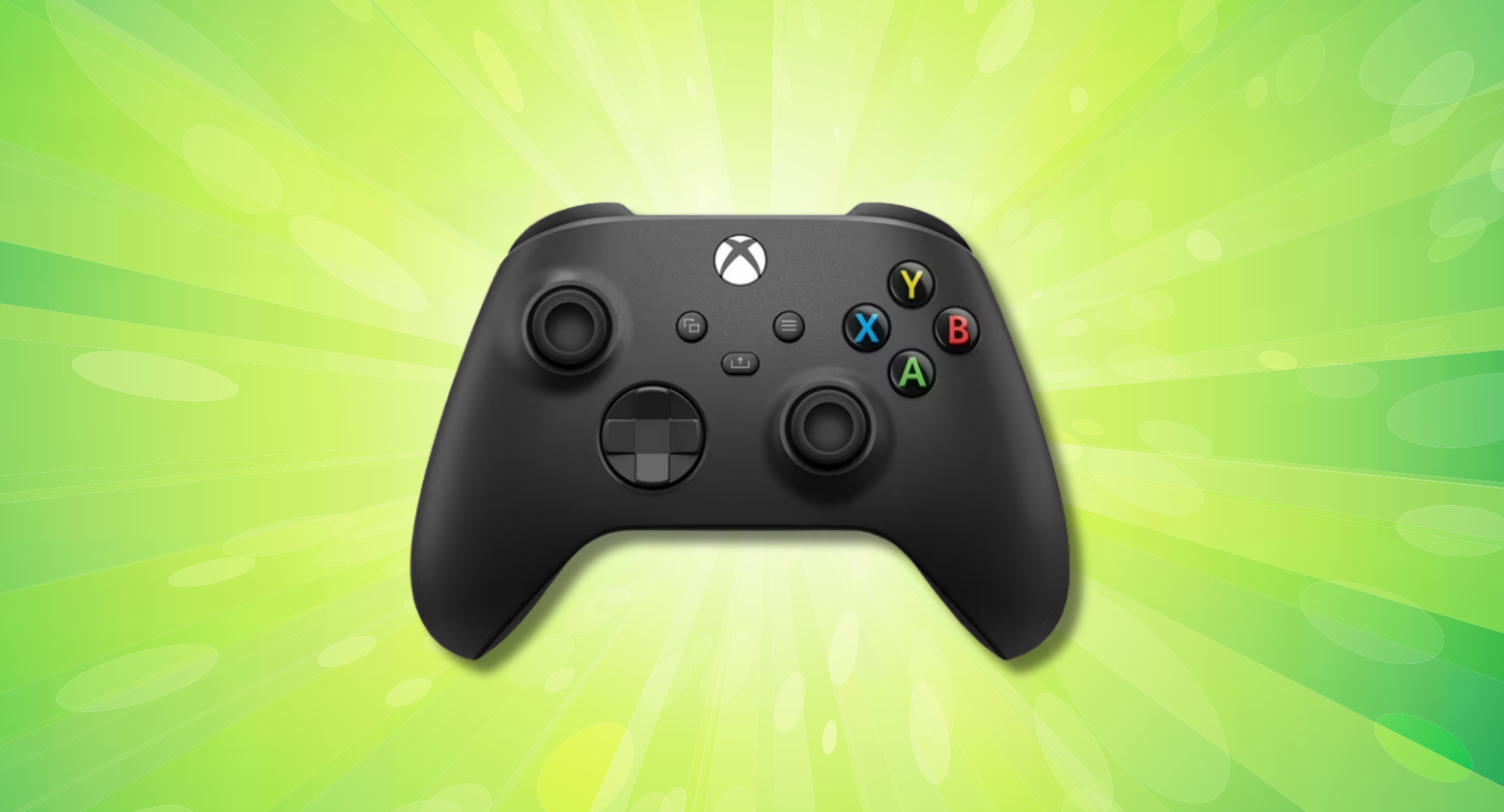 A black Xbox wireless controller is centered against a bright green background with a radial burst effect.