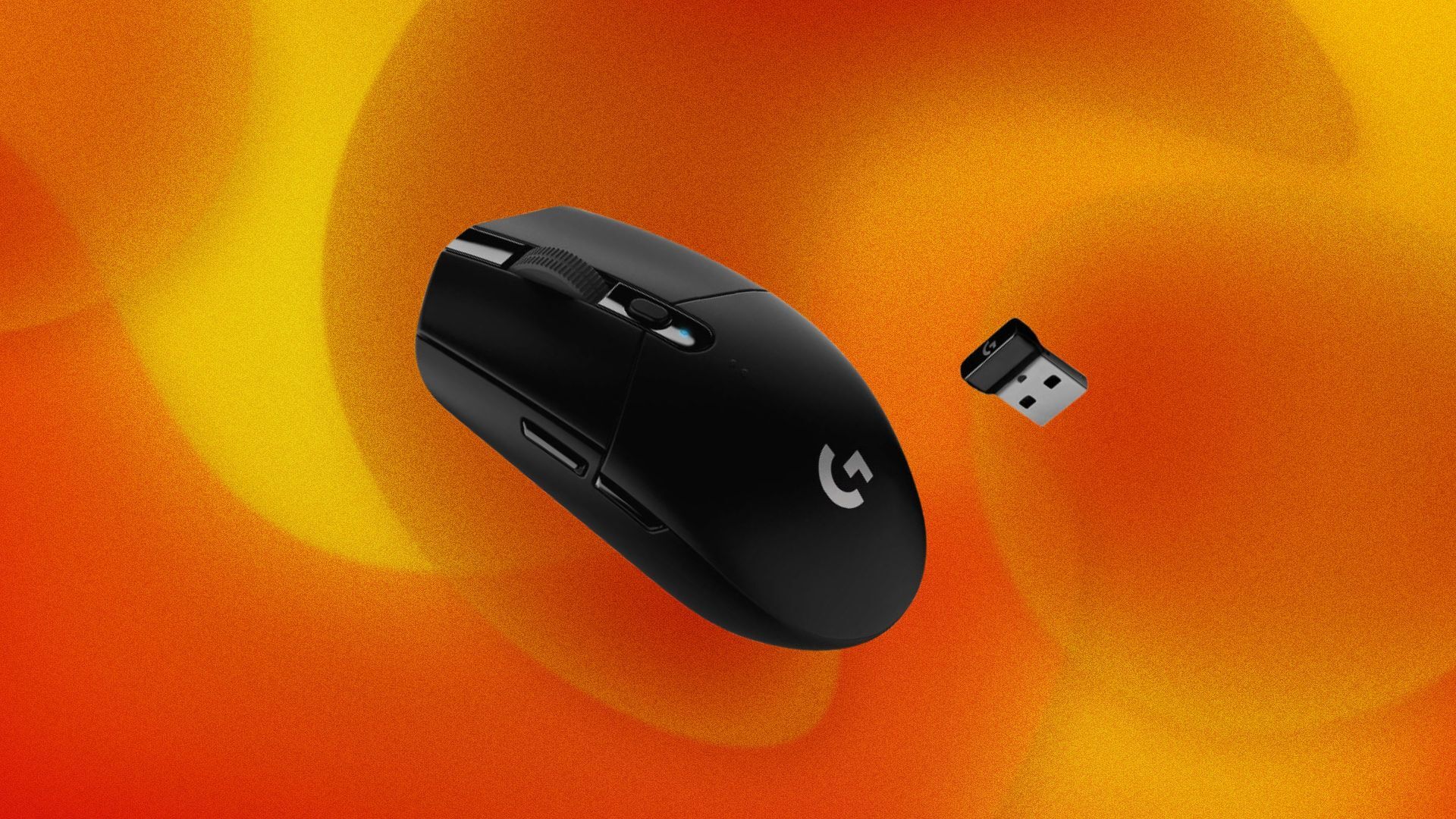 A Black Logitech G305 Gaming Mouse appears on an abstract orange background with its USB-A connector.