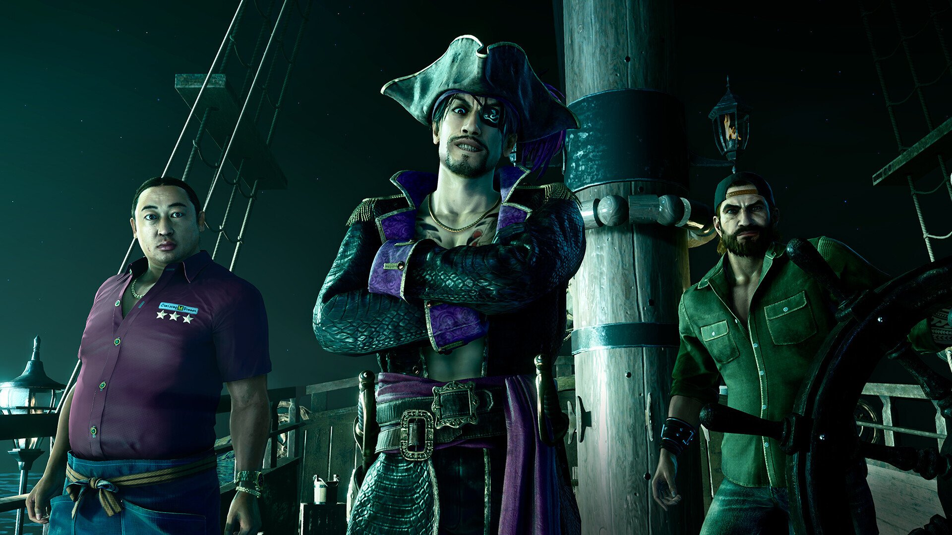 Goro Majima with crewmates in pirate garb in Pirate Yakuza in Hawaii