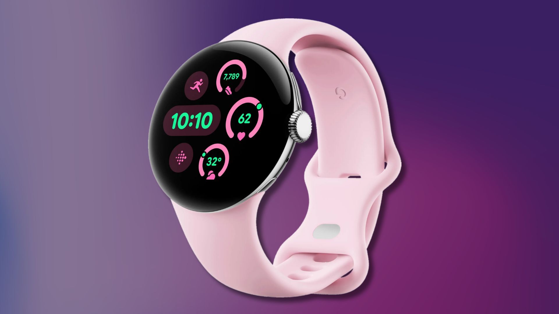 rose colored google pixel watch 3 on a dark purple background
