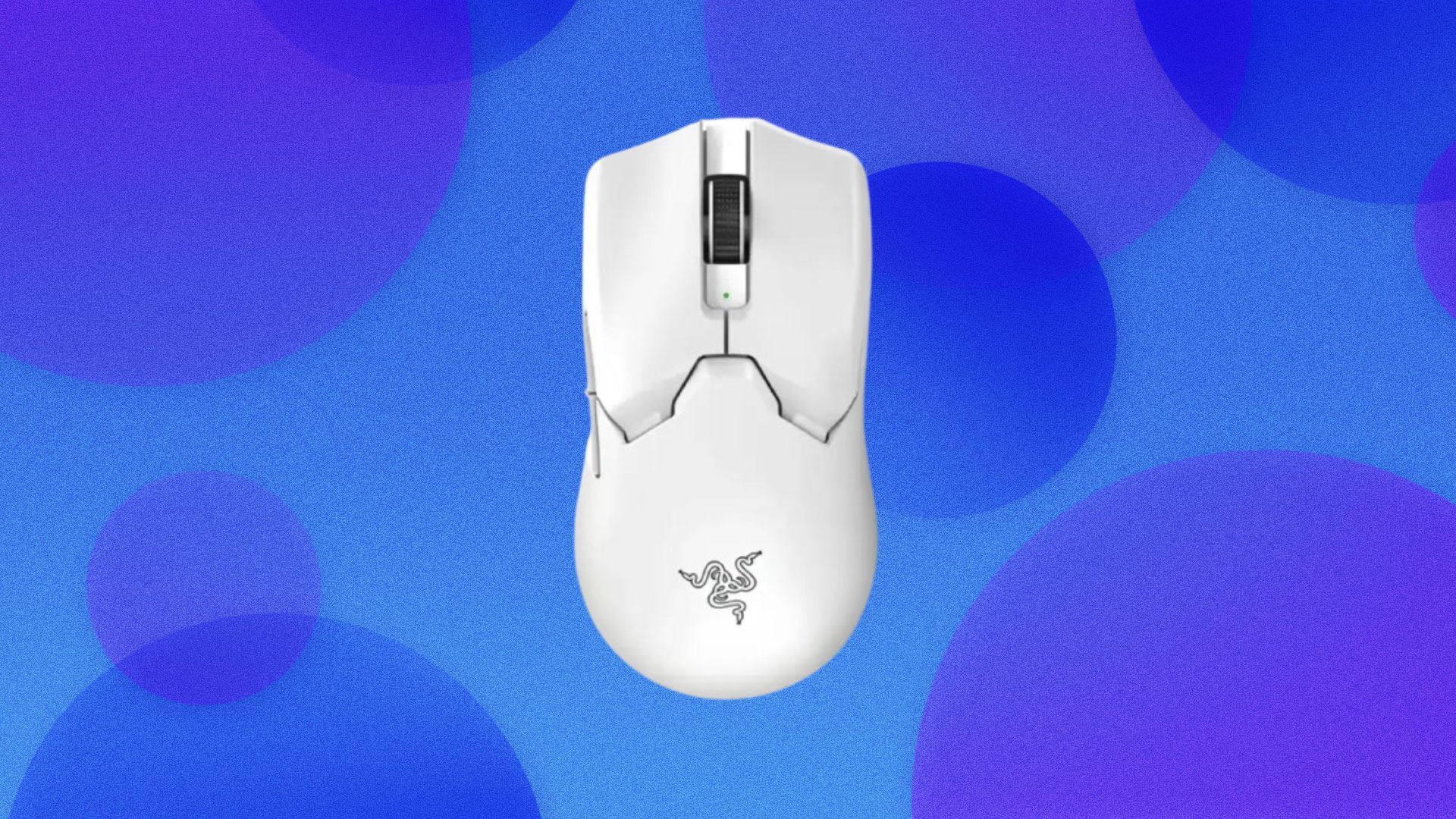 A white Razer gaming mouse appears on a blue background with different shades of bubbles.