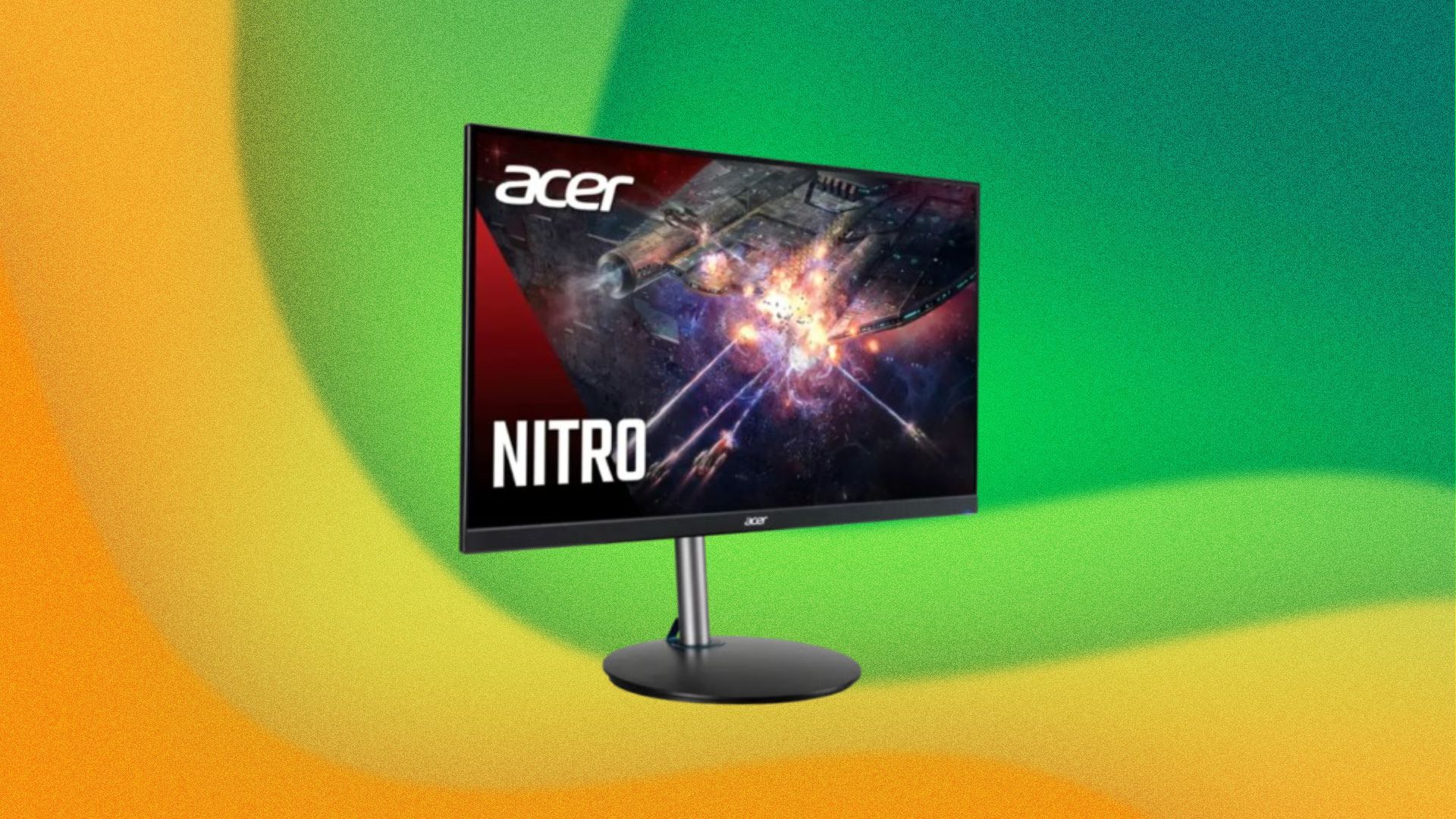 An Acer Nitro gaming monitor appears on a swirly green and yellow background.
