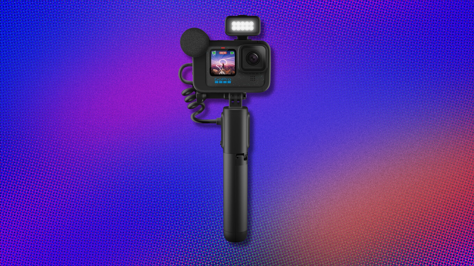 GoPro Hero 12 Black Creator Edition on blue and orange abstract background