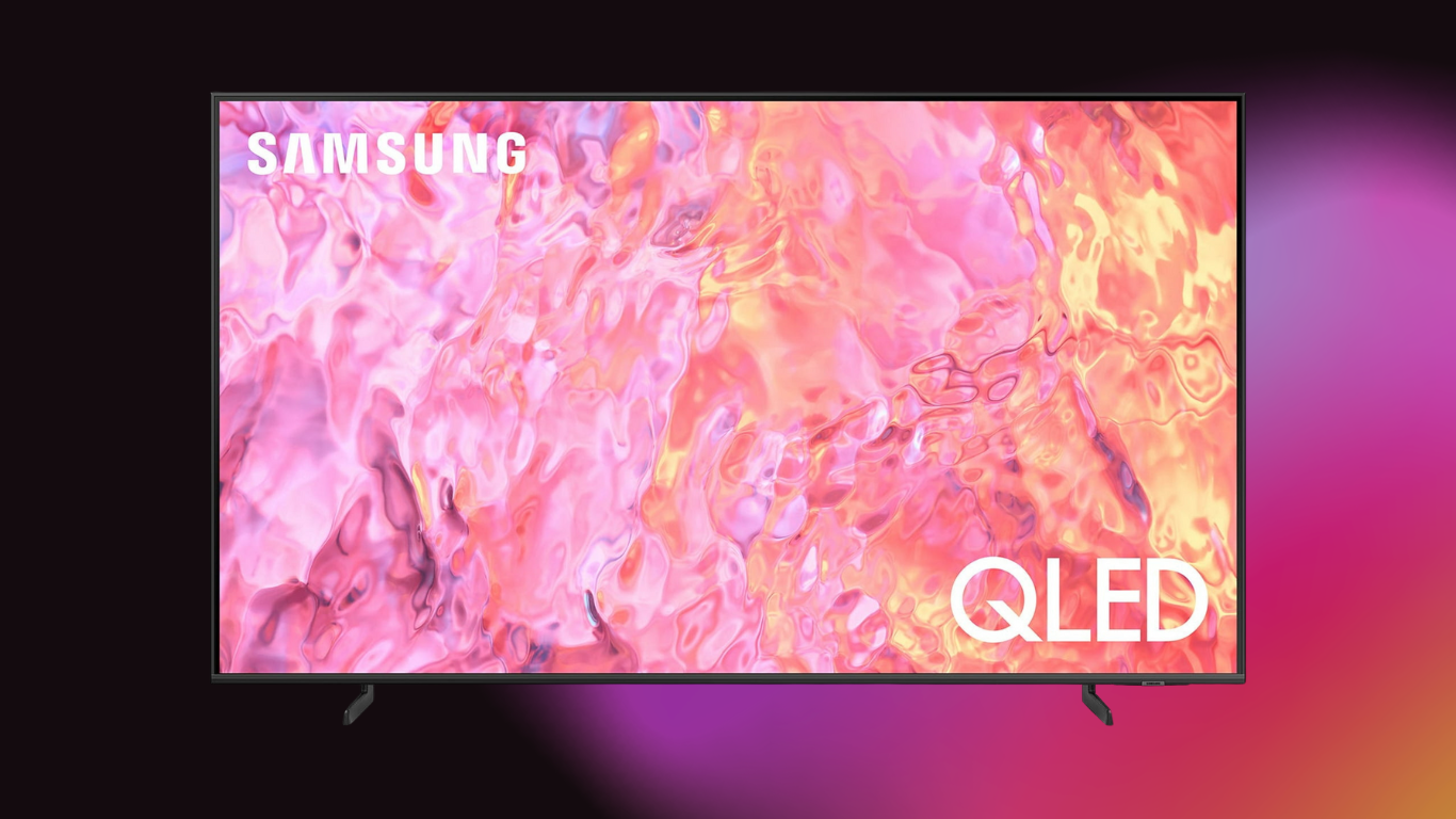 Samsung 65-inch Q60CB QLED 4K Smart TV on a black to purple gradient background