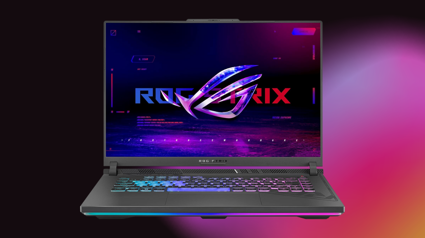 ASUS ROG Strix G16 on a black to purple gradient background