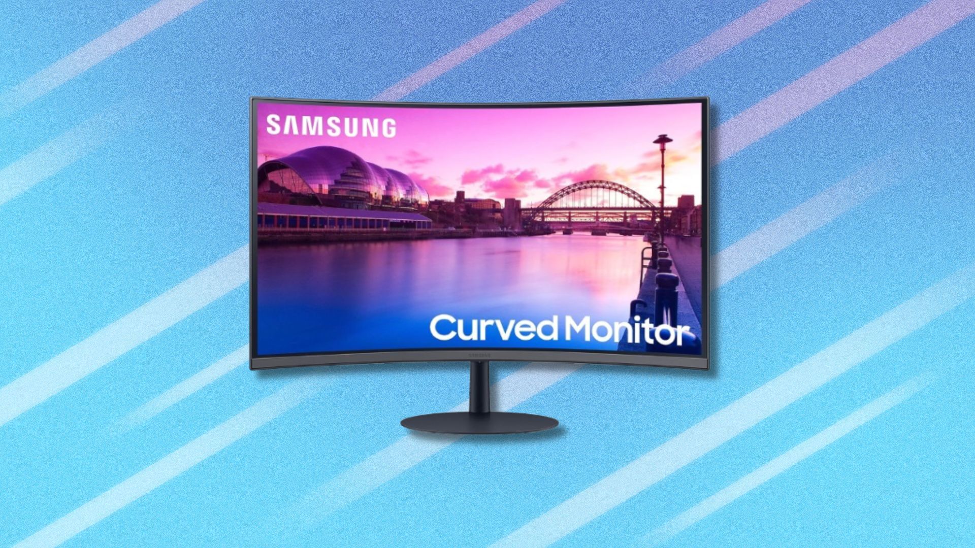 a curved samsung monitor on a blue background with white diagonal streaks