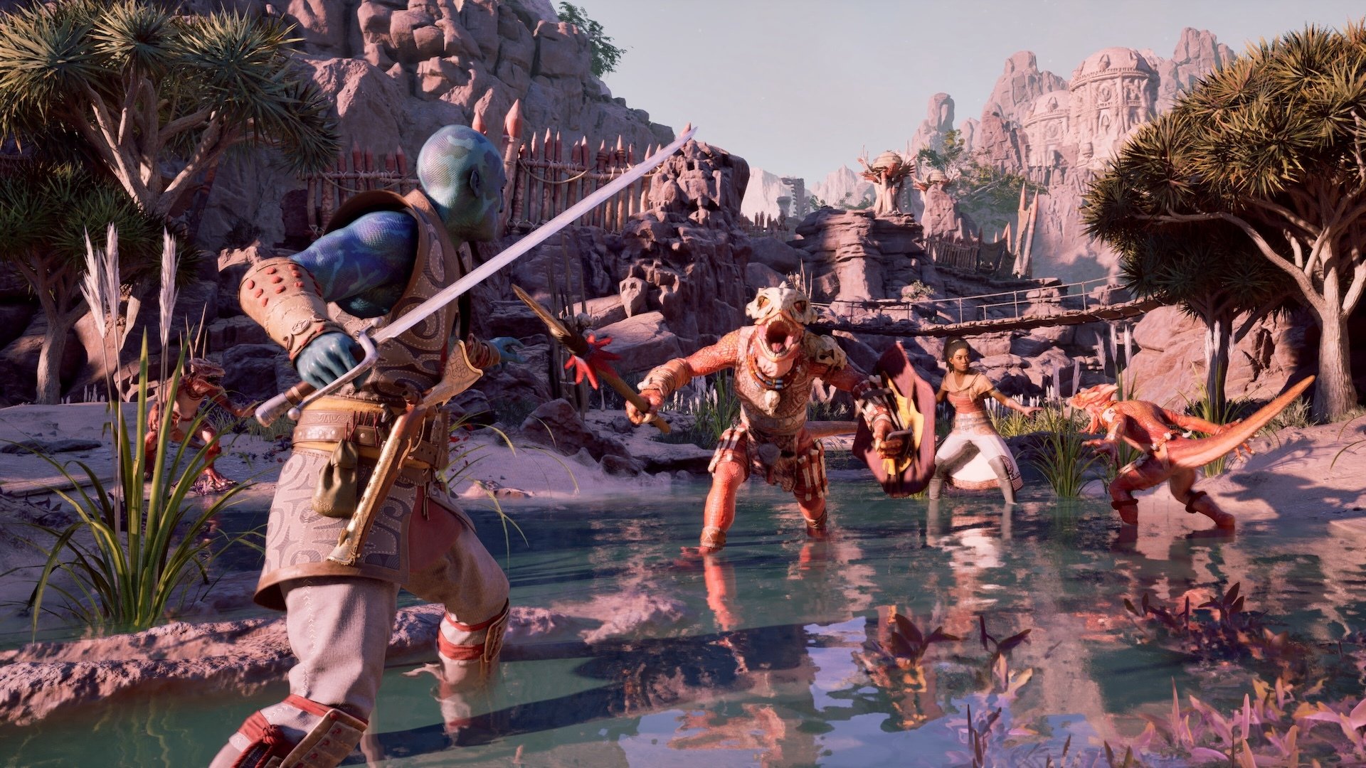 Screenshot of Kai fighting enemies in 'Avowed'