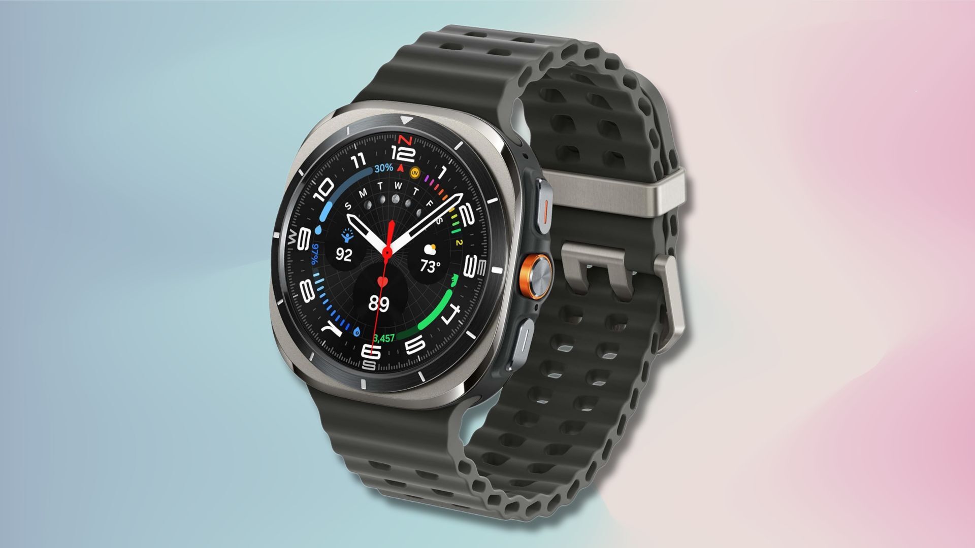 samsung galaxy watch ultra on a light blue and light pink gradient background